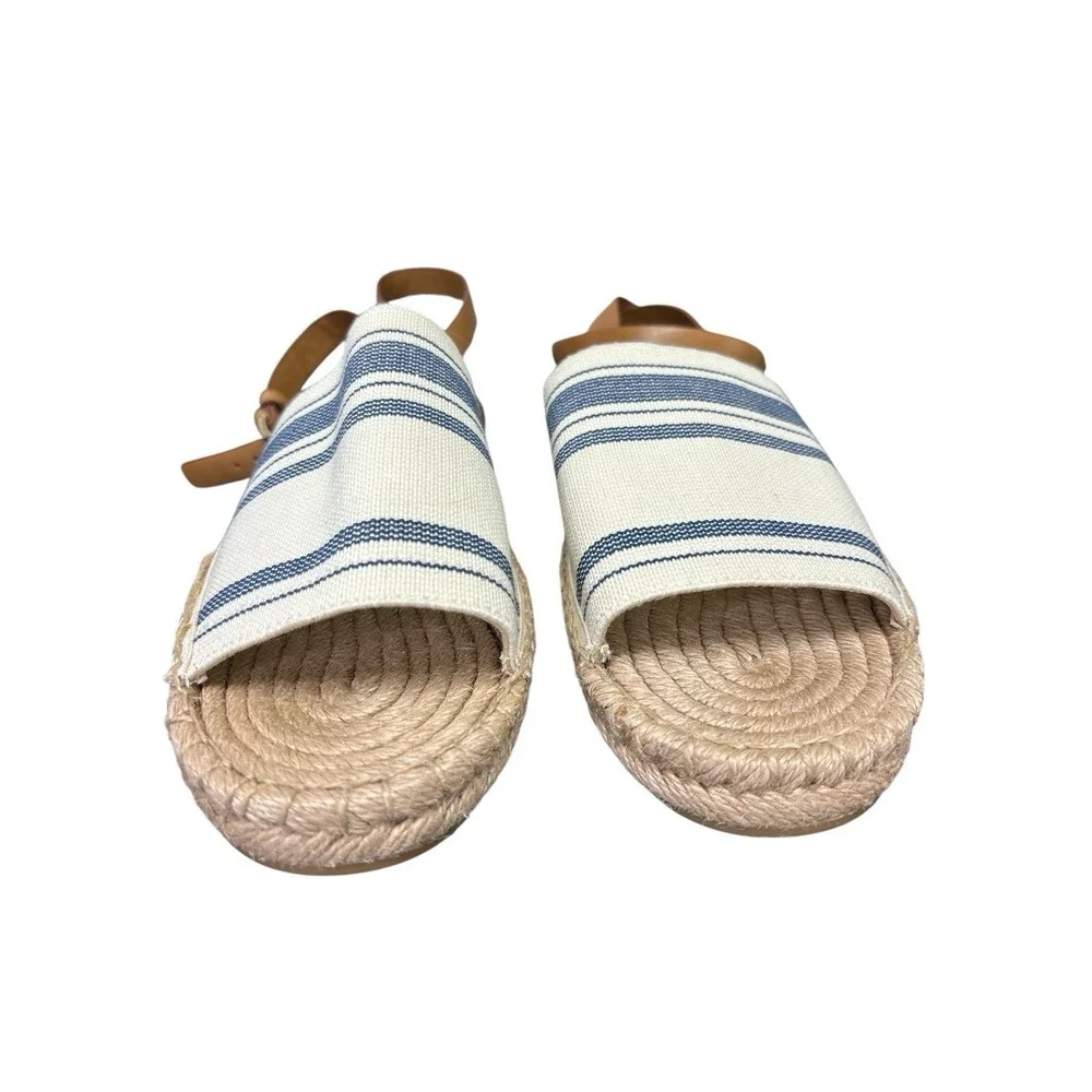 Tory Burch Espadrille Awning Sandals Size 8.5‎ Ivory/Blue Canvas Summer Chic